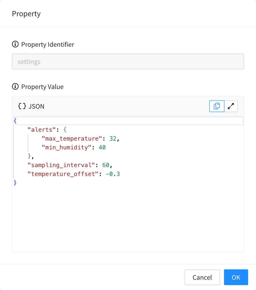 Property dialog opened by a Property Button with the settings property of greenhouse_01: sampling interval, temperature offset and alert thresholds