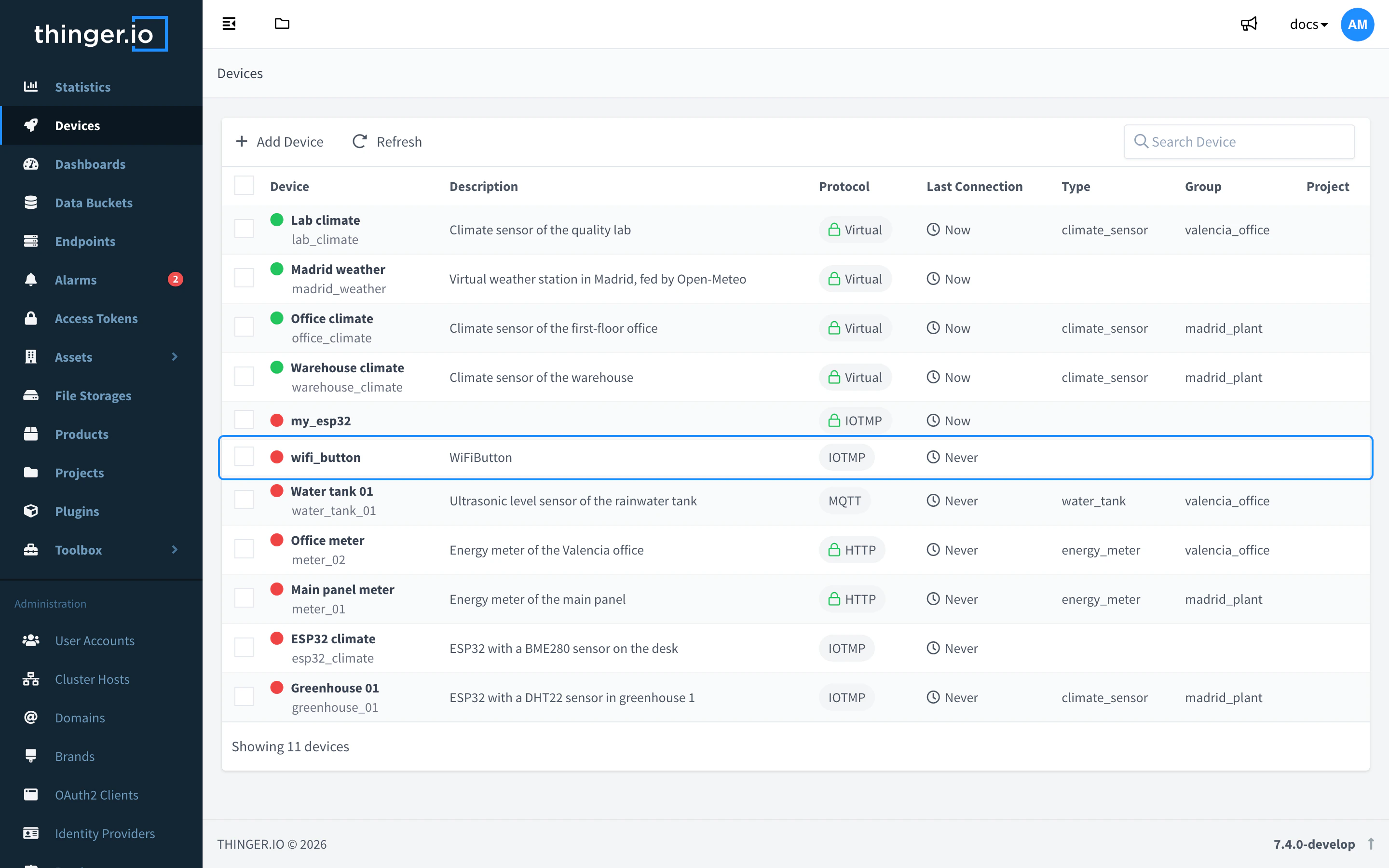 Devices list with the wifi_button device, an IOTMP device with the description WiFiButton, highlighted among the other devices of the account